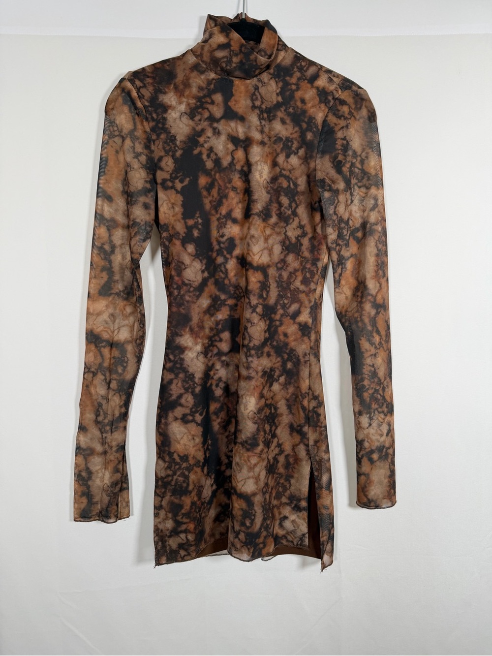 Runaway High Neck Marble-Print Mini Dress in Brown & Black Sheer‎ Sleeves